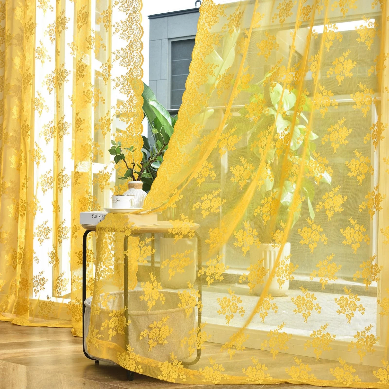 Kotile Gold Lace Curtains 96 Inches Long, 2 Panels Country Rustic Floral Must...