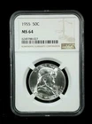 1955 50C NGC MS 64 Franklin Half Dollar 90% Silver US Mint Coin 6968