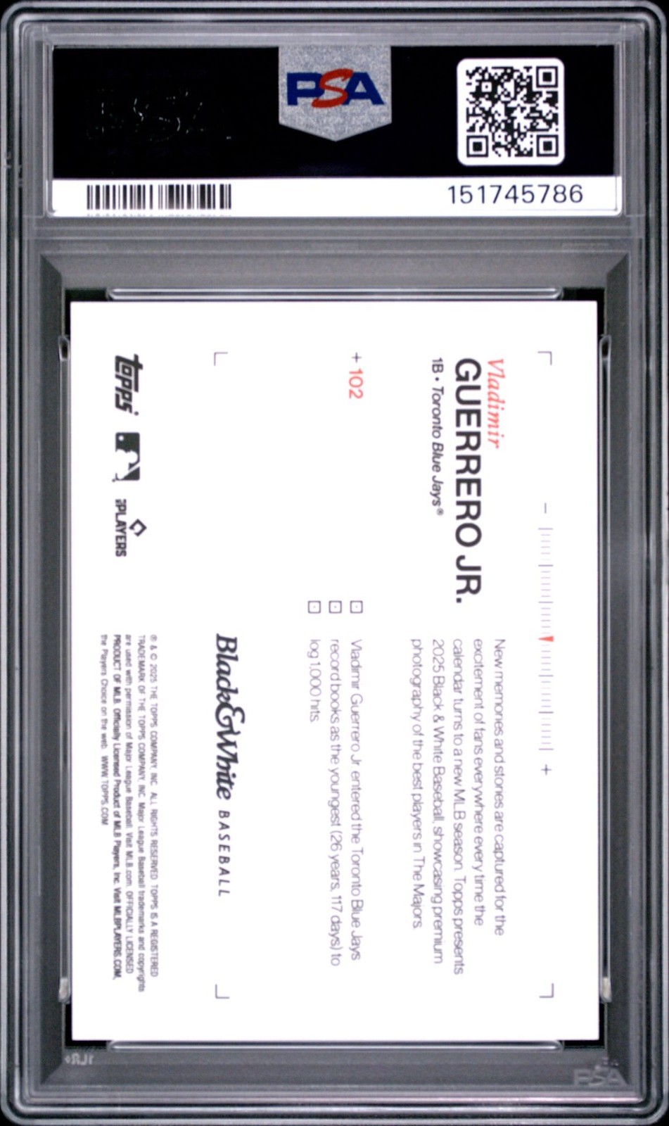 2025 Topps Black & White Vladimir Guerrero Jr. #102 Purple /25 PSA 10 view 2