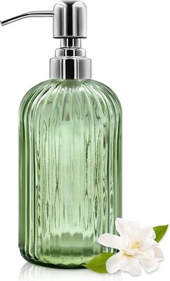 Glass Soap Dispenser with Stainl Steel Pump, Modern Ribbed Design