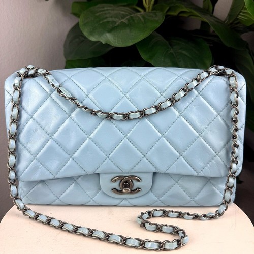 Authentic Chanel Classic Flap Bag Light Blue Quilted Lambskin Silver Hardware