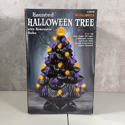 Mr Halloween Ceramic Halloween Tree 14  Black Pumpkin Light Up LED Vintage Style