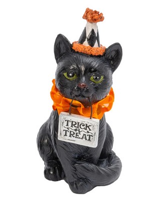 Halloween Clowns Katze mit Trick or Treat Schild als Dekofigur 15cm