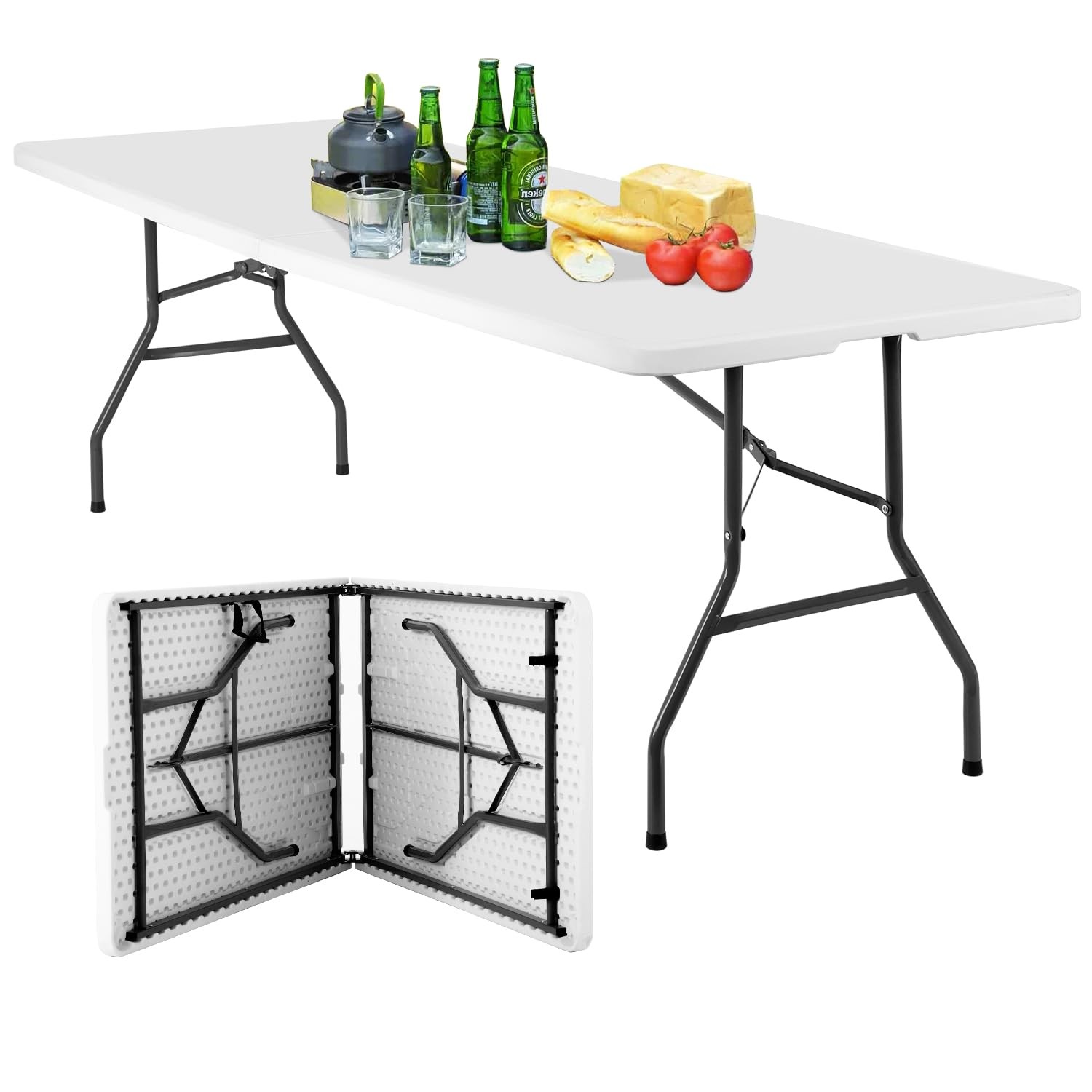 8FT Folding Picnic Camping Table with Lock Plastic Fold Up Design