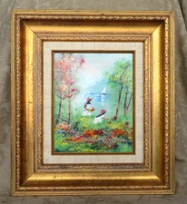 LOUIS CARDIN FRENCH B 1931 ENAMELED COPPER PLAYING GIRLS LANDSCAPE PAINTING