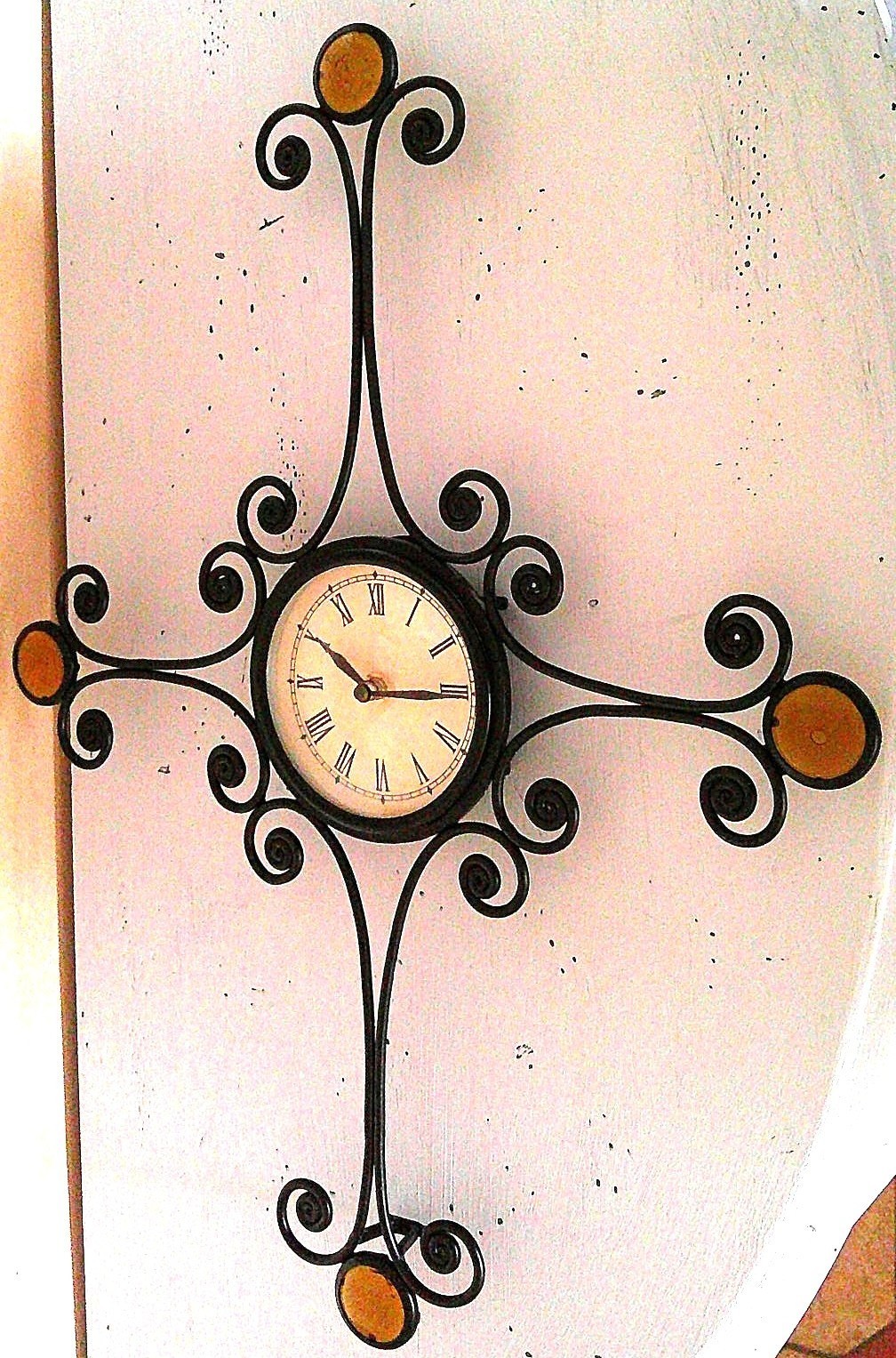 Black Iron/Stained Glass Cross-Shape Takane Quartz Movement Wall Clock, 15"x19"