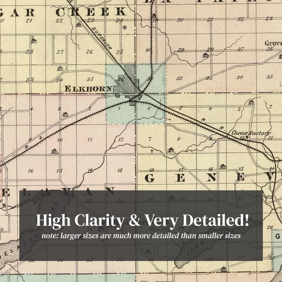 Old Map of Walworth County, WI 1878 - Vintage Wisconsin Art - Image 2 of 4