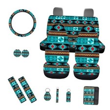 Print Car Seat Cover Full Set,Universal Car Steering Wheel Tribal Blue Aztec