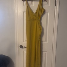 DESIGN twist shoulder v-neck pleated maxi dress in mustard yellow