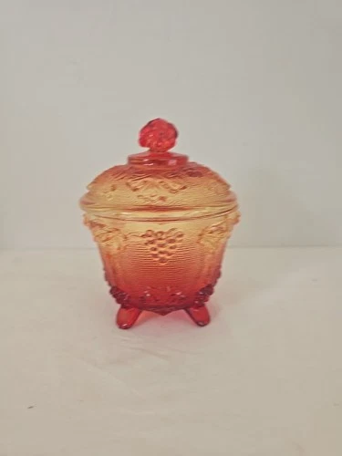 Vtg Jeanette Glass Amberina Footed "Harvest Grapes" Lidded Candy Dish, Jar 5.75"