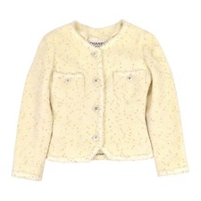 CHANEL COCO Mark Sequin Tweed Collarless Jacket Women off white  A  