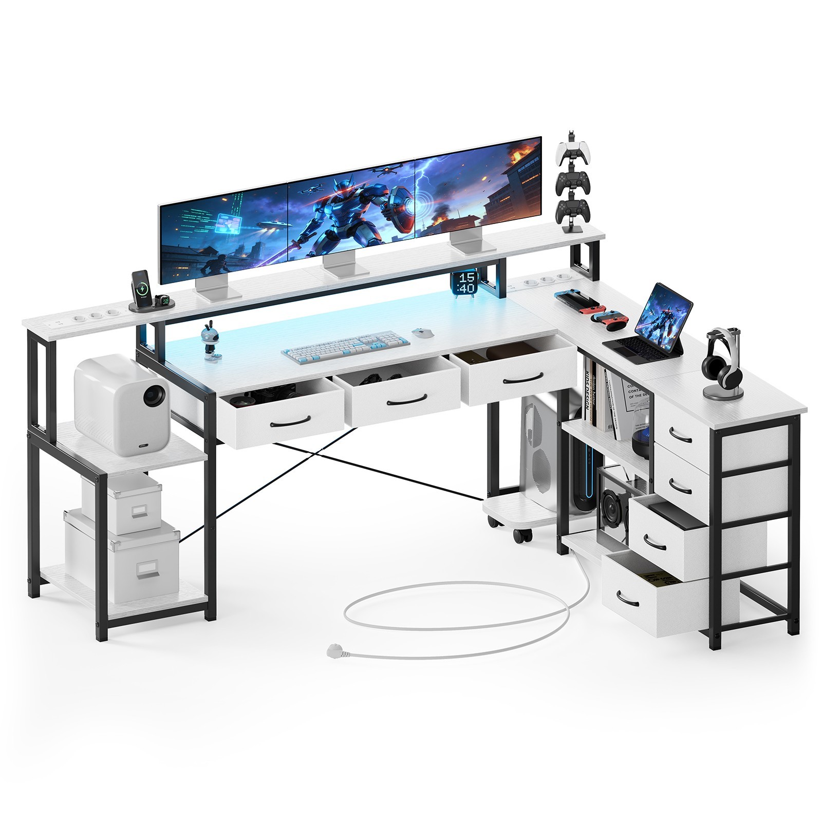 Scrivania L con LED RGB e 7 cassetti