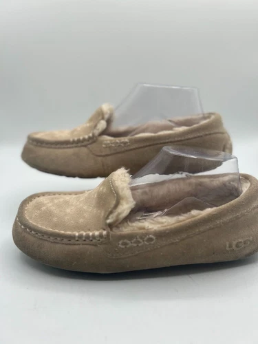 Mocassino pantofole UGG Flat Ansley donna taglia 7 marrone scamosciato logo foderato pelliccia punta tonda