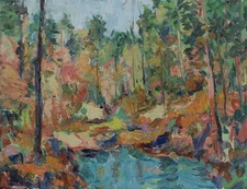 Art Orig Oil Painting by RM Mortensen "Meditation"  Forest Pond Abstract Realism