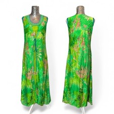 Tropical Print Maxi Dress Large Sleeveless Boho Resort A-Line Gold Accent Indie
