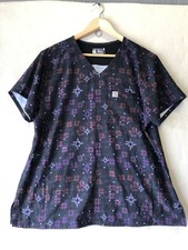 Carhartt Women Modern Fit Short Sleeve VNeck Scrub Top Black Floral Size XL