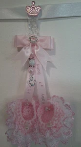 Pram charms*new*pink/white girl booties  charm hand knitted  With Princess Crown