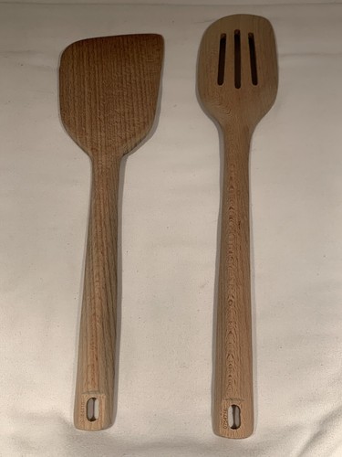 Calphalon 2 Piece Wooden Kitchen Utensil Set Wood Carved Slotted Spoon & Spatula - Picture 8 of 15