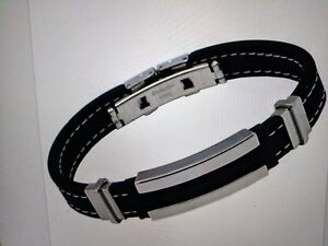 JN_ Fashion Mens Black Silver Stainless Steel Rubber Bracelet Bangle B84U New