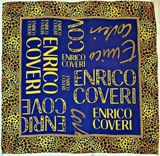 SCARF VINTAGE AUTHENTIC ENRICO COVERI LOGO LEOPARD PRINT BLUE SILK 34" SQUARE