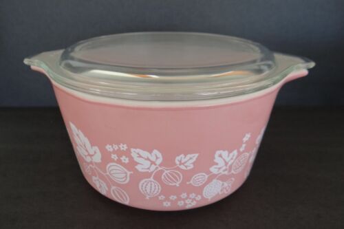 Vintage Pyrex Pink Gooseberry Pattern 1 Qt Covered Container w/Lid Nice Clean - Picture 1 of 14