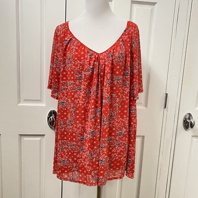 Siren Lily Red Floral Blouse Womens Size 2X V-Neck Flowy Layered Look NEW