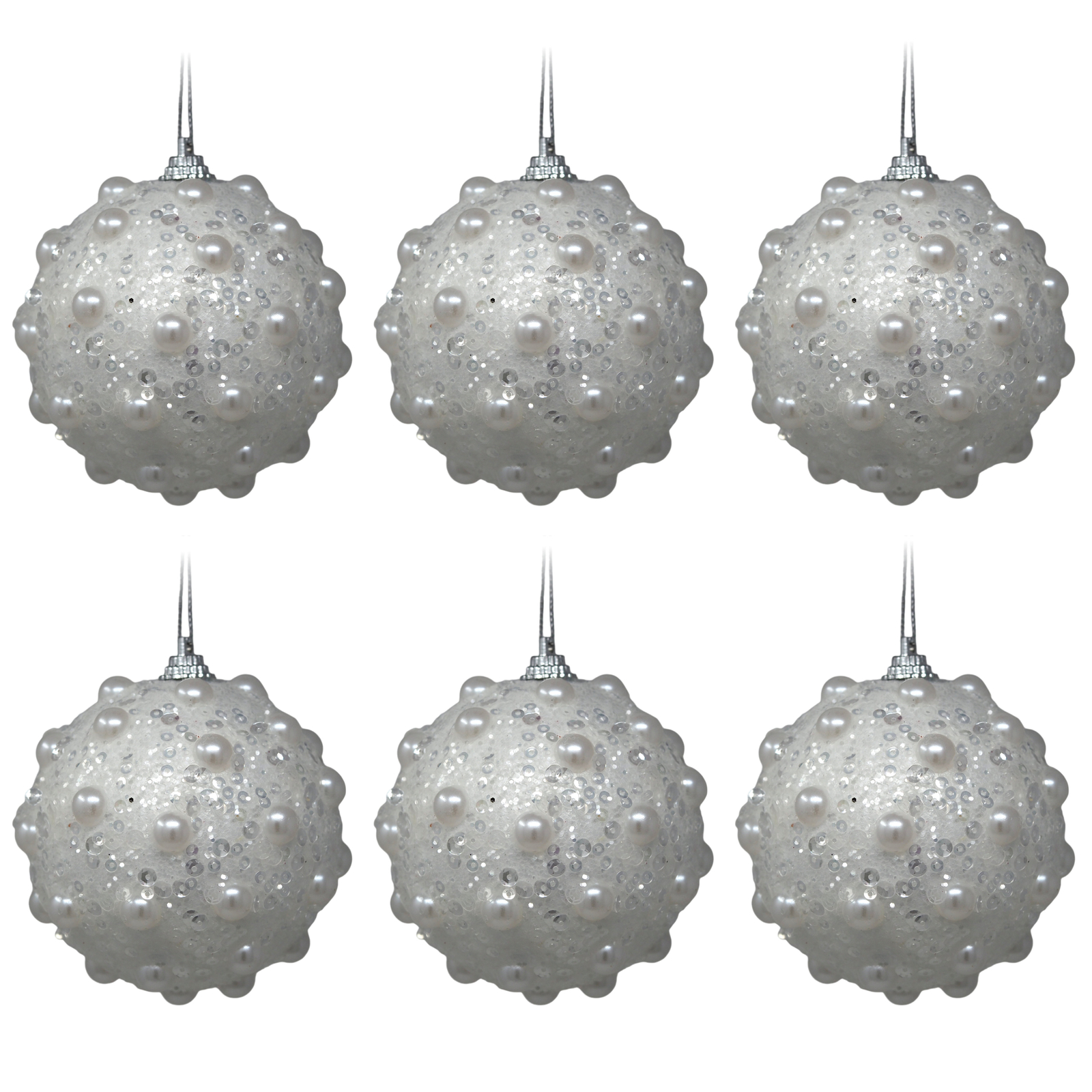Pearl Christmas Baubles - White with Pearl and Glitter Accents 8cm - Set of 6
