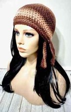 handmade crochet womans biker skull hat beanie chemo brown tones USA made