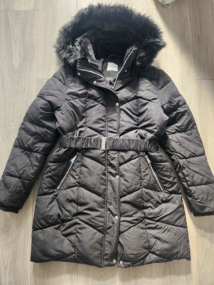 Primark black long puffer jacket hooded with belt size medium M