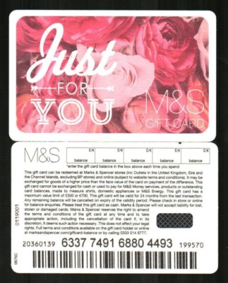 MARKS & SPENCER ( UK ) Just for You, Roses ( 2015 ) Gift Card ( $0 ) V1