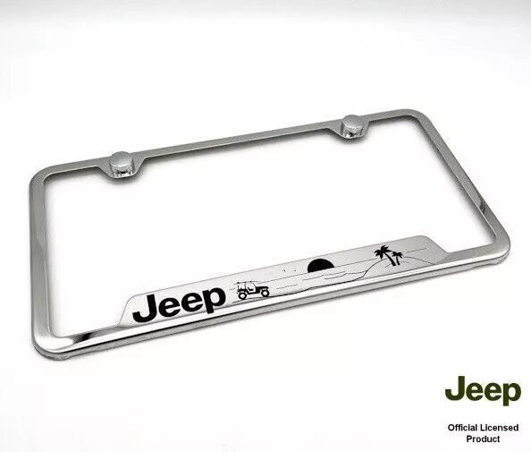 Chrome Stainless License Plate Frame w Jeep Script Beach Scene