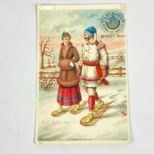 Victorian Trade Card Standard Rotary Shuttle Sewing Detroit MI Snowshoeing VTG