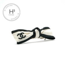 CHANEL Hair Accessories Ivory Black Coco Mark Ribbon Barrette Hair Clip