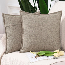Set of 2 Flanged Linen Throw Pillow Covers 18x18 Inch Mixed Taupe Soft Decorativ