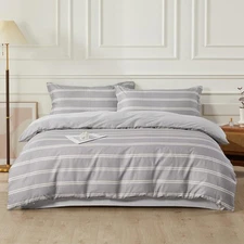Boy Gray Stripes Duvet Cover Set Full Size 3pcs Dark Grey Streak Bedding Comf...