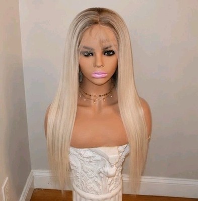 HD Front Lace Wig Human Hair Blend Highlights  Long Straight Blonde 