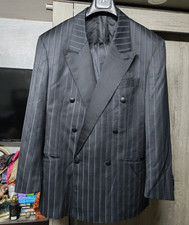 Vintage all worsted wool double breasted striped Tuxedo night black suit 42R