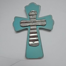 Teal Wood Metal Cross 4x5.5" Craft Boho Celtic