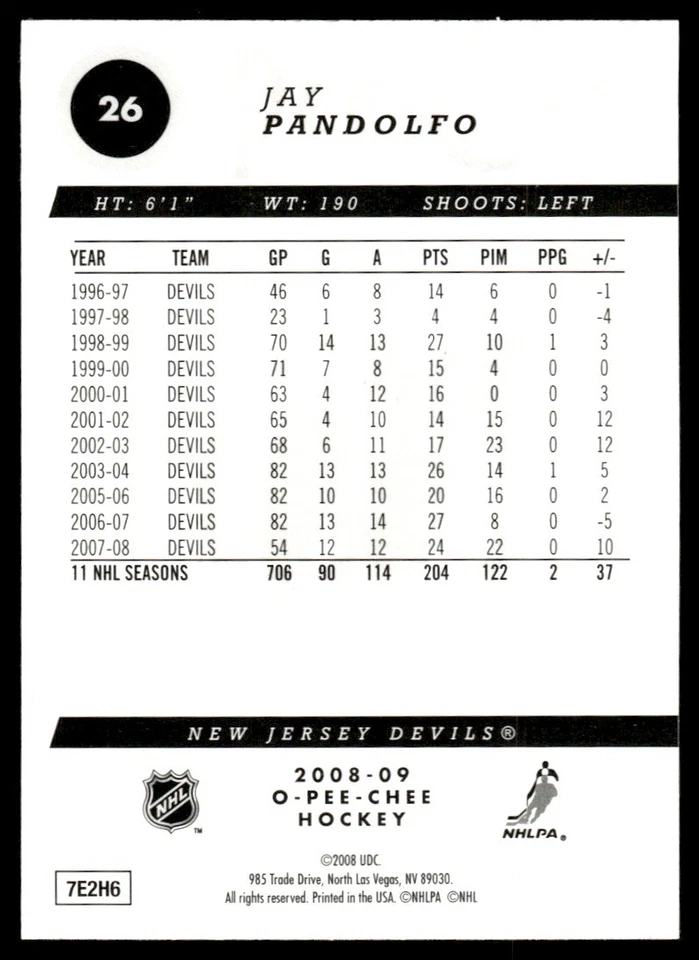 2008-09 O-Pee-Chee Gold Jay Pandolfo New Jersey Devils #26 - Image 2 of 2