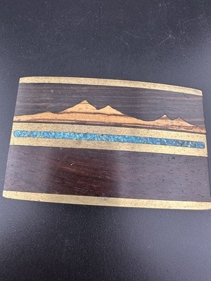 Kenneth Reid Vintage Turquoise Mixed Wood Inlay On Brass Belt Buckle