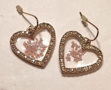 Pressed Flowers In Gold Tone Heart Shaped Dangle Earrings Rhinestone Accents