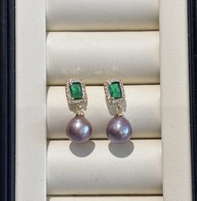 Baroque Purple Pearl Drop Earrings | Emerald‑Green Crystal & Gold Halo