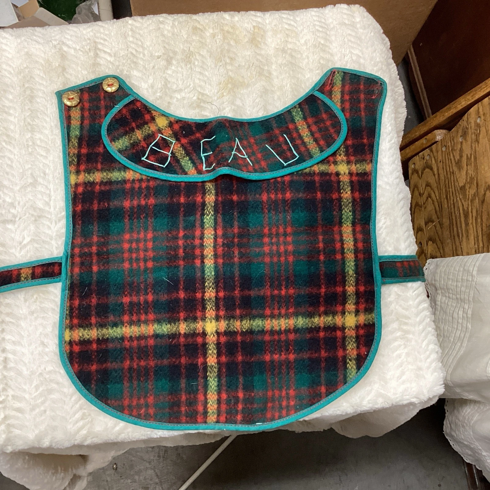 Handmade Wool Plaid Bib with Name Beau Sewn On Front