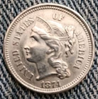 UNITED STATES 3 cents 1874 Cupronickel, 1.94g, ø 17.9mm KM# 95 XF to UNC