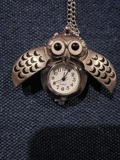 Owl Pocket Watch Wings Open to Reveal White Arabic Dial Silver Chain