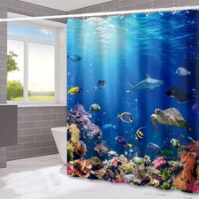 Sea Turtle Dolphin Coral Print Waterproof Shower Curtain Set Bathroom Decor Gift