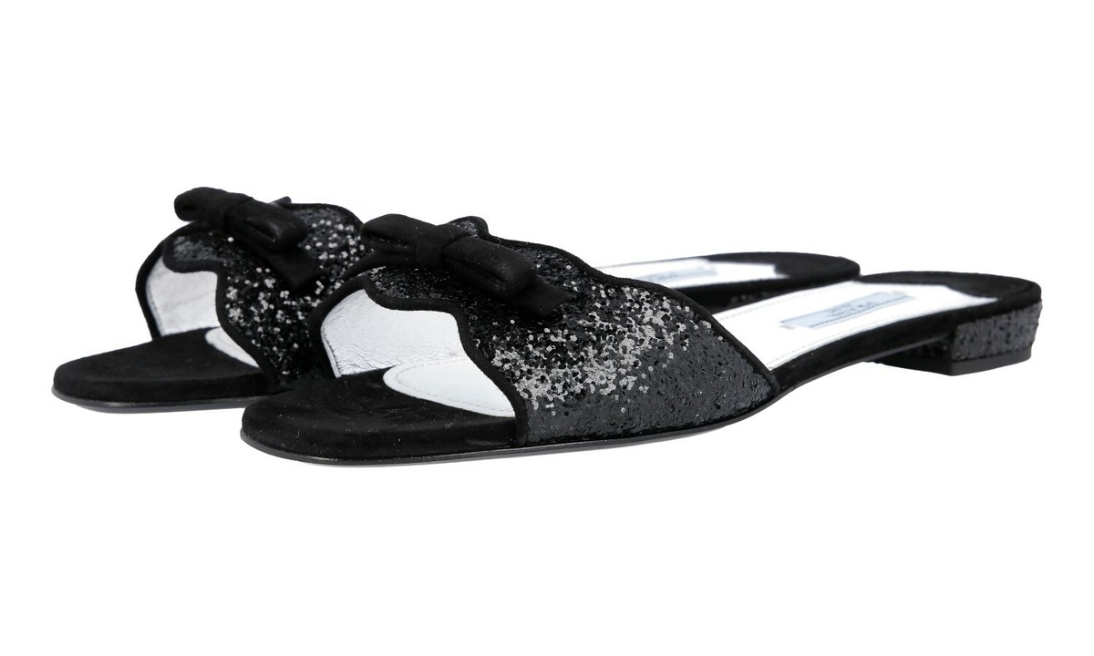 靴 Prada Black Sequin Sandals 36 PRADA GLITTER Slides Sandals - 1XX229 - Black - NEW - US 6 EU 36