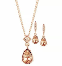 GIVENCHY ROSE GOLD,CHAMPAGNE PREM. CRYSTAL PEAR TEAR DROP EARRINGS,NECKLACE SET