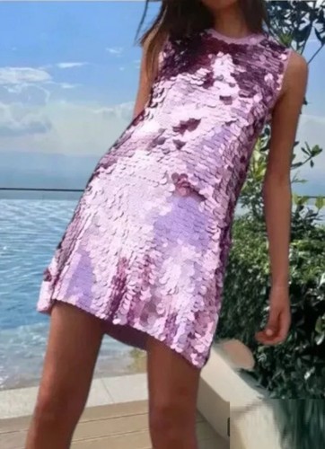 ZARA WOMAN NEU MIT ETIKETT SS24 ROSA KURZES PAILLETTENKLEID 2142/068 GRÖSSE M
