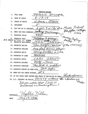 PHYLLIS DILLER SIGNED+FILLED OUT 20 QUESTIONS            COPY OF THE ORIGINAL